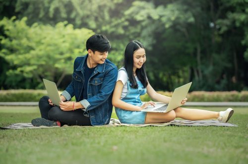 jovens no parque lendo no computador